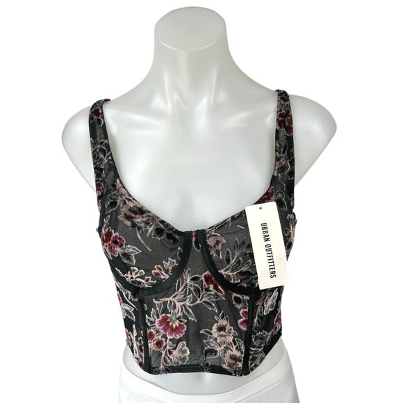 NEW Urban Outfitters Bella Floral Lace Velvet Sleeveless Crop Corset Tank Top L - Picture 1 of 6